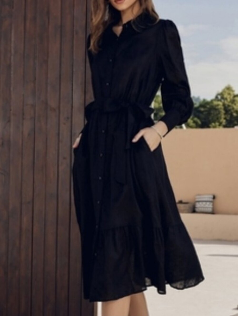 NWT - Flax-Linen Frieeah Black Midi Shirtdress with Pockets & Belt - Size XL